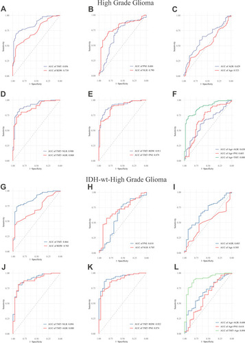 Figure 2 ROC curves of TMT and hematology biomarkers in patients with glioma. Diagnostic efficacy of (A) TMT and RDW, (B) PNI and NLR, (C) AGR and Age, (D) TMT+NLR and TMT+AGR, (E) TMT+RDW and TMT+PNI, (F) Age+AGR, Age+PNI, and Age+TMT in patients with high grade glioma. And the diagnostic efficacy of (G) TMT and RDW, (H) PNI and NLR, (I) AGR and Age, (J) TMT+NLR and TMT+AGR, (K) TMT+RDW and TMT+PNI, (L) Age+AGR, Age+PNI, and Age+TMT in patients with IDH-wt high grade glioma.