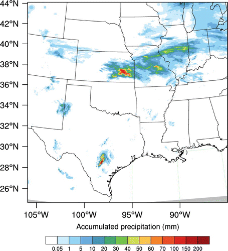 Figure 4. NCEP Stage-IV 6-h accumulated precipitation (mm) valid at 0600 UTC 9 June 2010. The maximum rainfall is over 200 mm in Kansas. The original precipitation accumulations are available on a 4-km resolution polar stereographic grid and it has been regridded to lambert conformal grid.