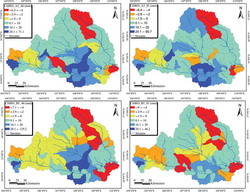 Fig. 7 Spatial changes of mean annual runoff under CSIRO scenarios.