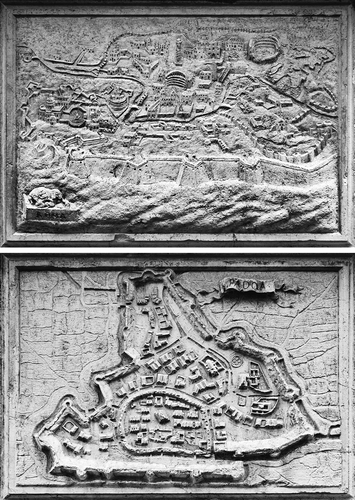 Fig. 4. The façade of Santa Maria del Giglio in Venice has six relief maps carved between 1679 and 1683 under the direction of Giuseppe Sardi. Shown here are those of (top) Rome and (bottom) Padua. The maps were requested by Antonio Barbaro as part of the larger effort to glorify his family's history. (Photography by Steve Carlton.)