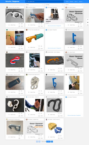 Figure 1 Screenshot showing a collection of 3D-printed door openers designed in response to the Covid 19 pandemic and uploaded to the platform “Thingiverse,” December 2021, by the author. https://www.thingiverse.com/.