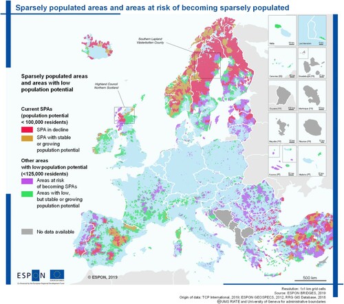 Figure 1. Evolution of the population potential between 2001 and 2017 in sparsely populated areas and areas at risk, with case study locations.