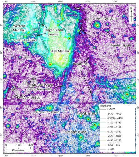 Figure 3. Subset of the bathymetric contour map with some of the more prominent features.