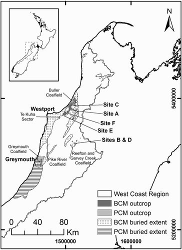Figure 1. Locations of wall wash sampling sites. BCM, Brunner Coal Measures; PCM, Paparoa Coal Measures.