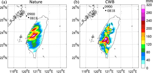 Fig. 2 (a) The 700-hPa circulation centre (black dots) and 6-hour rainfall accumulation (colour shading) for the nature run and (b) the best track and 6-hour rainfall accumulation for the Central Weather Bureau (CWB) observations from 1800 UTC 8 to 0000 UTC 9 Aug.