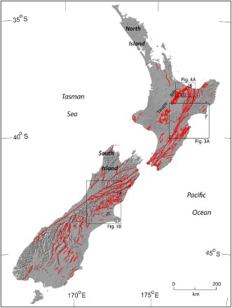 Figure 1. Map of New Zealand highlighting the active faults presented in the NZAFD250 view (red). Locations of photo images in Figure 2 are identified with white stars. The map highlights three areas that are discussed in more detail in Figures 3 and 4.