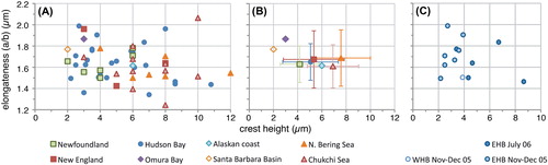 Figure 5. Scatter diagram showing antapical crest height against elongateness (i.e. the ratio between cyst length and cyst width) for measured elongate Spiniferites cysts. A, Data for all individual measurements from surface sediments. B, Average values for each regional surface sediment assemblage, with the standard deviation indicated. C, Individual measurements for the specimens recovered from sediment traps in eastern (EHB) and western (WHB) Hudson Bay.