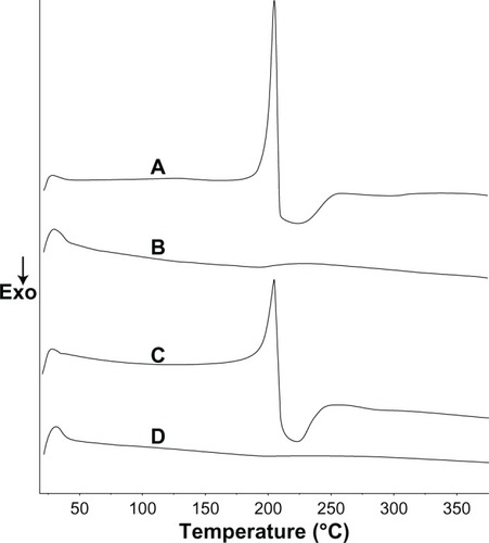 Figure 3 Differential scanning calorimetry curves of pure TSIIA (A), silica nanoparticles (B), and PMs (C) and SDs prepared at a TSIIA/silica nanoparticles ratio of 1:5 (D).Abbreviations: Exo, exothermic direction; PMs, physical mixtures; SDs, solid dispersions; TSIIA, tanshi-none IIA.