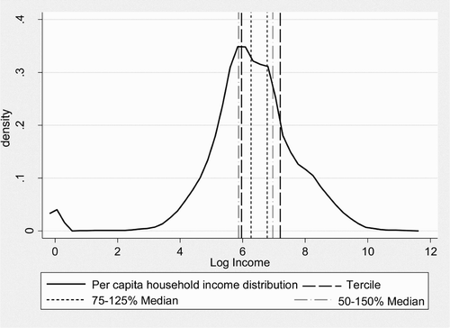 Figure 1: Kernel density estimation of log income