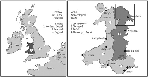 Figure 1. Wales in context. Left: Wales (darker shaded) and surrounding countries, including the other constituent nations of the United Kingdom. Right: Wales showing the territories of the four Welsh Archaeological Trusts, with CPAT darker shaded. The box shows the location of Figure 3. Drawing © Paul Belford.