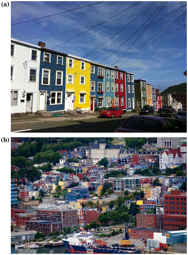 Figures 2a and 2b. Images of heritage architecture in downtown St. John’s: (a) detail of clapboard houses and (b) downtown St. John’s (photos by author).