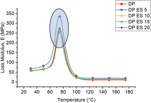 Figure 4. Effect of eggshell filler loading in bio-epoxy/date palm fiber composite on loss modulus value.