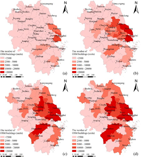 Figure 4. Spatial distribution of OSM buildings data from 2014 to 2020, (a) the spatial distribution for 2014, (b) the spatial distribution for 2016, (c) the spatial distribution for 2018, (d) the spatial distribution for 2020.