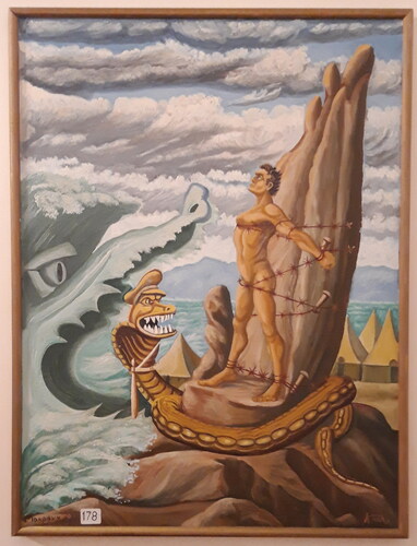 Figure 1. Μακρόνησος, by former ektopismenos and self-taught artist Kostas Pouloupatis, n.d. The naked body of a man and the martiria of the sea and stone as monsters or serpents. The original hangs in the Museum of Makronisos; image used courtesy of the museum. The depiction of the army policeman as a serpent points to the “satanic alliance with nature.”
