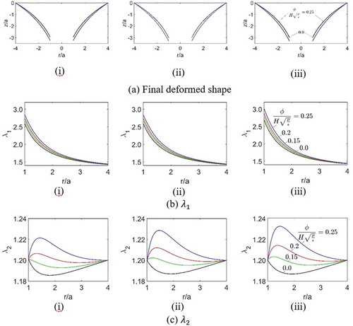 Figure 3. Force used is 0.5 (normalized with respect to b), prestretch used is 1.2 and A to B ratio is 0.25. Black, green, red and blue lines are for ϕ = 0, 0.15, 0.2 and 0.25 respectively. For (i) the Jlim used is, 120 and for (ii) it is 500. (iii) is re-created using the governing equations from [Citation9]. In that paper, the material model used is Neo-Hookean. Hence the results for a larger value of Jlim (ii) matches with theirs.