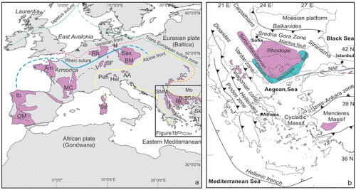 Figure 1. Tectonic sketch map of Variscan and the Alpine orogenic belts in Europe. Box in 1(a): outline of map area in 1(b) depicting the Alpine tectonic framework around the Aegean region of the Eastern Mediterranean. Data sources used for map construction in 1(a) of pre-Variscan and Variscan basement areas from Neubauer (Citation2002), Von Raumer et al. (Citation2003), Carrigan et al. (Citation2006), and Anders et al. (Citation2006). Abbreviations: AA, Austroalpine; AM, Armorican Massif; AT, Anatolia; BF, Black forest; BM, Bohemian Massif; B-SG, Balkan-Sredna Gora; F, Flamborun; H, Harz; Hel, Helvetic; Ib, Iberia; MC, Massif Central; Mo, Moesia; OM, Ossa-Morena; Pen, Peninic; Rh, Rhenohercinian; S, Strandzha; Sax, Saxoturingian; SC, South Carpathians; Sd, Sardinia; Sk, Sakarya; SMM, Serbo-macedonian; Rh, Rhodope.