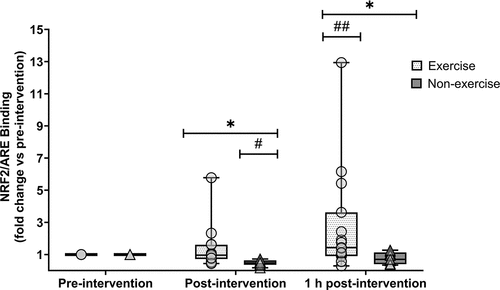 Figure 1. Fold change (vs pre-intervention) of nuclear factor erythroid 2-related factor 2 (NRF2) binding to antioxidant response element (ARE) oligonucleotides at post- and 1 h post-intervention. Symbols represent individual values. Whiskers correspond to lowest and highest values. Horizontal line within-box define median values. Exercise group (circles, n = 15); non-exercise group (triangles, n = 9). * = significantly different between groups. # = significantly lower than resting values. ## = significantly higher than post-exercise values. Statistical significance set at p < 0.05.