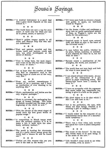 Figure 8. ‘Sousa’s Sayings’ from the Sousa Band’s Australasian concert programmes, 1911. ‘Sousa and his Band. Programmes 1, 2, 3, 4, 6.’ Papers of Alex Whitmore (1906, 1911), UMA-ACE-19750065, University of Melbourne Archives). Reproduced with permission of the University of Melbourne Archives.