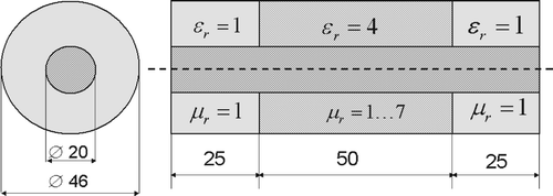 Figure 1. Coaxial probe. Geometry and material data. All dimensions are in millimetres.