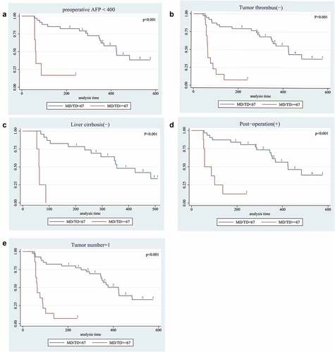 Figure 2. Long-term survival outcomes in HCC with mutation frequency using Kaplan-Meier’s analysis:A. Survival curve of mutation frequency in patients with AFP<400. The results shown that the patients with MD/TD≥67 had worse survival time; B. Survival curve of mutation frequency in patients with Tumor thrombus. The results shown that the patients with MD/TD≥67 had worse median survival time; C. Survival curve of mutation frequency in patients without liver cirrhosis. The results shown that patients with MD/TD≥67 had worse median survival time; D. Survival curve of mutation frequency in patients who treated by Post-operation TACE. The results shown that patients with high MD/TD had worse survival time; E. Survival curve of mutation frequency in patients with Single lesion. The results shown that MD/TD≥67 result had worse median survival time. P value was assessed using the log-rank test.