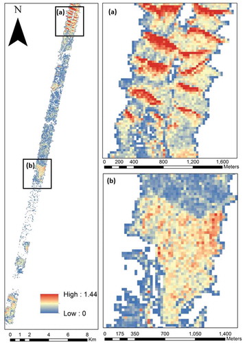 Figure 8. Local species richness (alpha diversity) map based on the Shannon Index throughout the study sites: (a) native woodland in the northern region; and (b) planted trees in the southern region