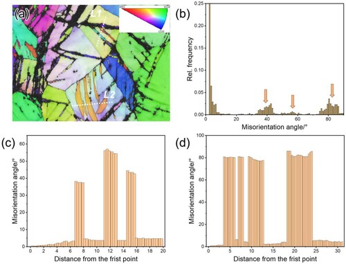 Figure 7. (a) Inverse pole figure (IPF) map and (b) related misorientation distribution in zone-d in Figure 6(a). Misorientation distribution along (c) line 1 (L1) and (d) line 2 (L2) in Figure 7(a).