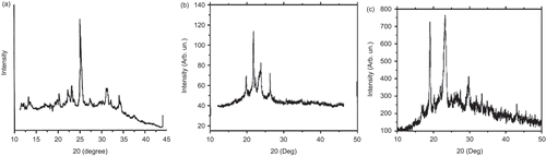 Figure 4.  XRD diffractogram of 5-FU (a), HA-PEG-PLGA copolymer (b), and 5-FU-loaded HA-PEG-PLGA nanoparticles (c).