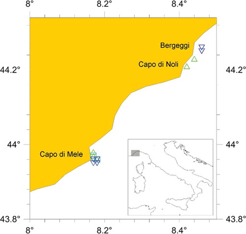FIGURE 4. Ligurian coast in northern Italy where the sea trials were conducted. Green triangles: hauls with the boat seine; blue triangles: hauls with the experimental surrounding net. x- and y-axes represent longitude (E) and latitude (N), respectively.