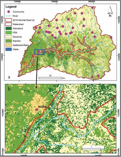 Figure 5. Flood hazard maps of the Nasia watershed showing the extent of normal and extreme flood and affected communities (a) Nasia village affected by normal flood, (b) Zoom in of Nasia village under normal flood extent (c) Nasia village under extreme flood (d) Zoon in of Nasia village under extreme flood extent
