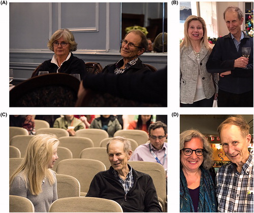 Figure 14. (A) Marianne Hegström-Wojtowicz and Harold Atwood at the Department of Physiology Christmas luncheon in 2014. (B) Jenny Katsoulakos and Harold Atwood at a Christmas party in Bev Orser’s home in 2014. (C) Jenny Katsoulakos and Harold Atwood at the Department of Physiology’s Macallum Lecture May 2017. (D) Marla Sokolowski and Harold Atwood in 2018.