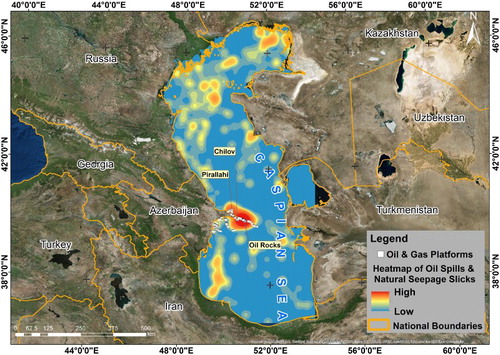 Figure 7. Heatmap of oil spills and natural seepage slicks in the Caspian Sea.