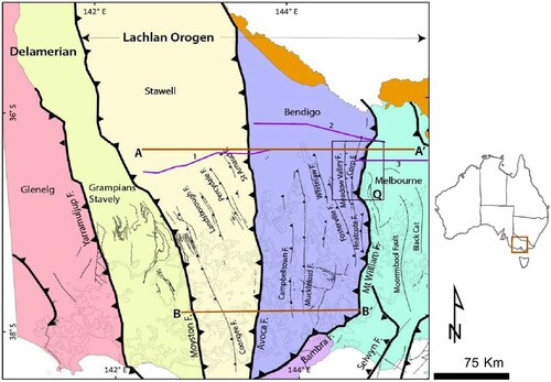 Figure 1. Area covered by global magnetic data showing a geologic map of structural zones Delamerian and Lachlan Orogens with faults and major zone bounding faults within central and western Victoria (data source: Geoscience Australia and modified in ArcMap after VandenBerg et al. Citation2000). Faults around the northern segment of the Heathcote Fault Zone were modified after Edward et al. Citation2001. The insert Q is where further analysis is performed using aeromagnetic data. Location of profile BB′ across the Newer Volcanic province where the edges of the basaltic extrusives rocks are represented by light grey. The location of previously interpreted seismic lines (1, 2 and 3) and cross-sections of Euler depths (AA′ and BB′) are shown.