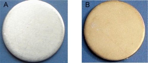 Figure 1 Photographs show the appearance of Ti-polished A) and Ti-nAg B).