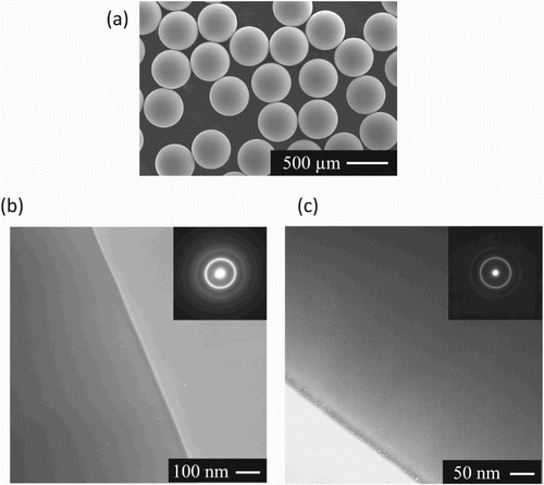 Figure 1. (a) SEM image of monodispersed particles prepared by pulsated orifice ejection method (POEM). (b) TEM image and electron diffraction pattern of the particles. (c) TEM image and electron diffraction pattern of ribbon of same composition.