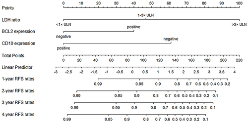 Figure 2 The novel nomogram incorporating LDH level with BCL2 expression and CD10 expression for DLBCL. A DLBCL patient with positive BCL2 expression, negative CD expression, elevated LDH level (1–3× ULN) or elevated LDH level (>3× ULN) could obtain 40 points, 61 points, 47 points and 100 points, respectively.