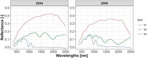 Figure 3. Measured background spectra given as input to the PROSAIL-PRO model for 2004 and 2006 datasets. Soil legend: S1 = Dry soil condition, S2 = Humid soi condition, S3 = Flooded soil condition.