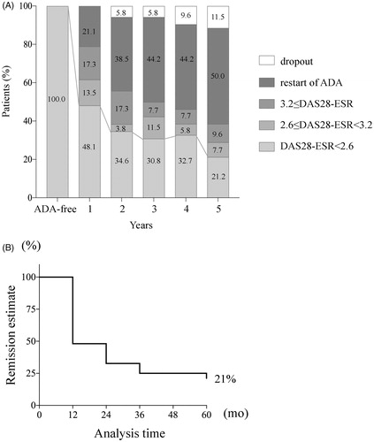 Figure 2. 5-year remission (DAS28-ESR <2.6) rate after discontinuation of ADA. (A) Clinical outcome was evaluated by DAS28-ESR. Changes in DAS28-ESR and proportions of restart of ADA after discontinuation of ADA. (B) The remission estimate based on the maintained DAS28-ESR <2.6 for 5 years was analyzed by the Kaplan–Meier survival curve. DAS28: disease activity score 28; ESR: erythrocyte sedimentation rate; ADA: adalimumab.