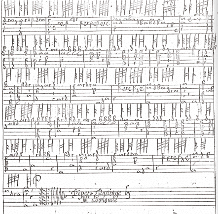 Figure 1: A page of lute tablature from the same book. It looks like code but is actually logical with rhythm notated on the top, strings and fingering below (a=open string, b=first fret, c=second fret, etc.)