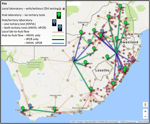 Figure 3 HH-mT results, minimised travel time with 60 CD4, 7 HIV Viral Load, 3 Infant PCR laboratories and travel time limits 3 − 11 − 11 h