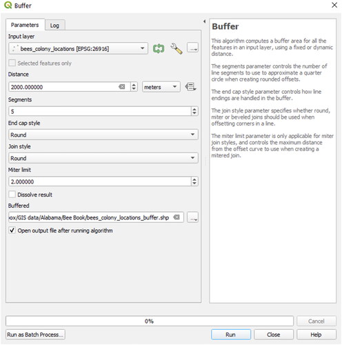 Figure 80. Adding a buffer of 2000 m to the honey bee colonies locations.