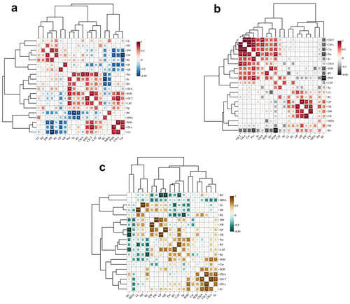 Figure 9. Shows the cluster analysis of the correlation of the indicators of three desert plants: a is sarcozygium xanthoxylon, B is nitraria tangutorum, and C is Ammopiptanthus mongolicus.