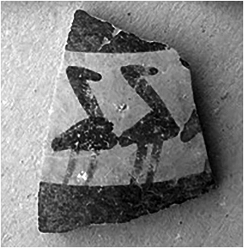 Figure 7 Late Neolithic painted pottery fragment from Tell Sabi Abyad Operation III showing a design with birds represented.