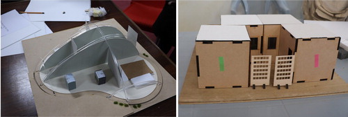 Figure 7. Physical prototypes: left, deployable (Sheltair designed by Gregory Quinn), participants were able to modify the internal layout; right, modular (designed by the research team), participants were able to re-arrange the units and create new configurations. Stickers were used to propose the location of any new windows.