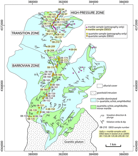 Figure 2. (A) Geologic map of the southern Sivrihisar submassif, with sample locations of quartzite and marble, as well as representative foliation and lineation data.