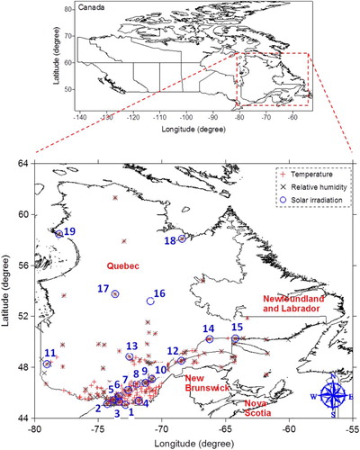 Fig. 1 Map of eastern Canada and the meteorological stations in the province of Quebec. Selected GSR stations are represented by a blue circle with their identification number. Daily temperature and relative humidity observation stations are marked by a red + and black × symbols, respectively, when they have less than 50% missing data for the common analysis period (from 2003 to 2010).