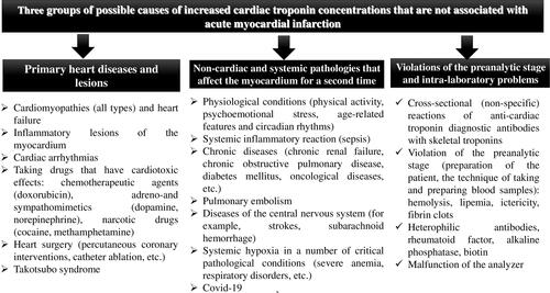 Figure 1 Main groups of causes of increased cTnI and cTnT that are not associated with AMI, according toCitation33,Citation36 as amended.