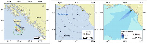 Figure 5. Tsunami numerical model results: (a) sea surface displacement, in metres; (b) tsunami travel times; (c) maximum water level.