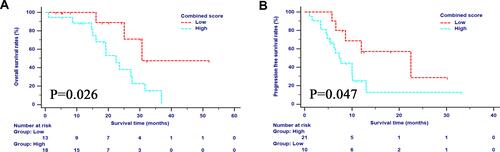 Figure 4 The survival analyses stratified by the selected immune panel in terms of OS (A) and PFS (B).