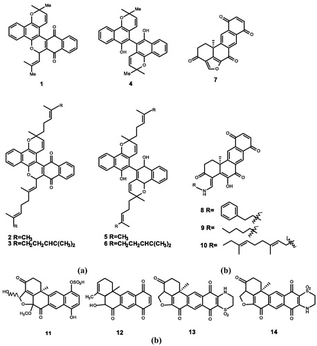 Figure 1. Chemical structures of quinones extracts from (a) Tectona grandis L. and their derivatives (1–6); (b) sponges and their derivatives (7–14).