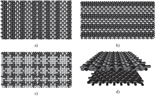Figure 4. Simulation of fabric construction with different positions of HPHO and HPHI threads. a) change in thread position in warp, b) change in thread position in weft, c) change in thread position in warp and weft, d) change in thread position in the warp of the 3D fabric (note: gray thread, HPHO; black thread, HPHI).